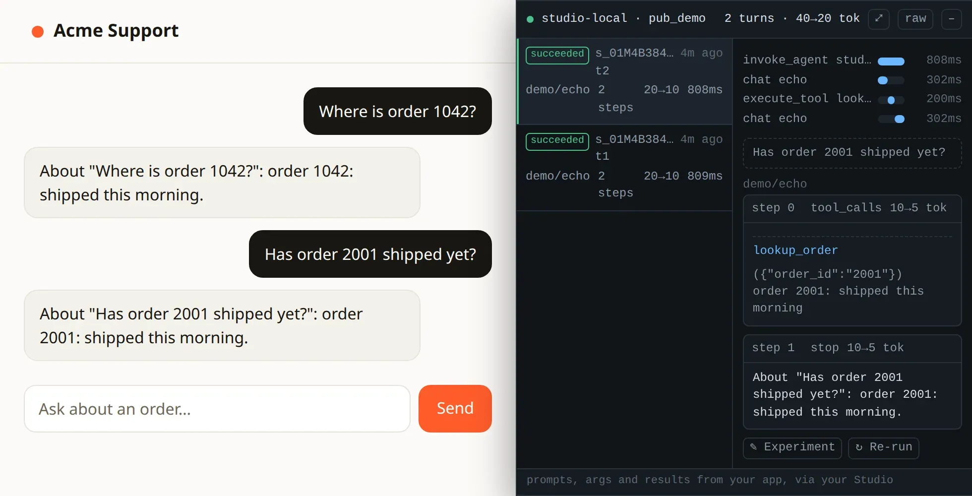 An Acme Support chat page on the left with two order questions and their answers. On the right, the weft devtools panel docked beside it lists the conversation's two turns and shows the open turn: span timings, the lookup_order tool call with its arguments and result, the reply, and Experiment and Re-run buttons.